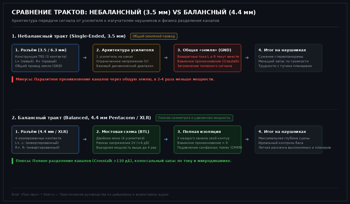 Сравнение небалансного 3.5 мм и балансного 4.4 мм аудио-тракта
