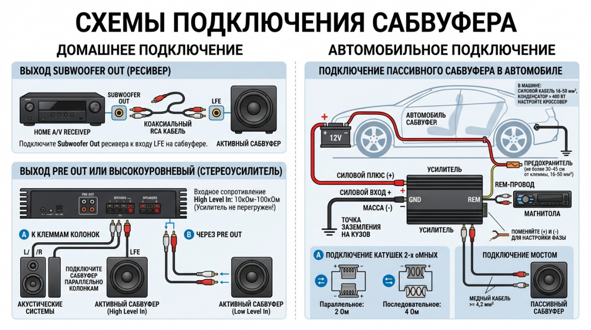 Схема для подключения сабвуфера дома и в авто